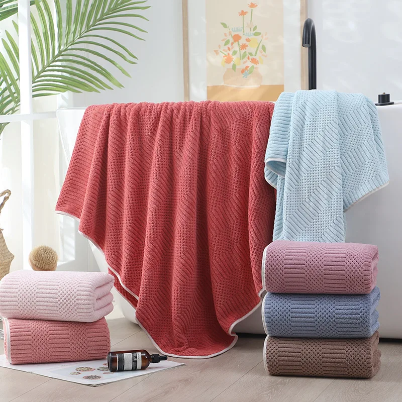 Single and double-sided coral fleece auspicious grid bath towel household absorbent wrap towel thickened soft bath towel