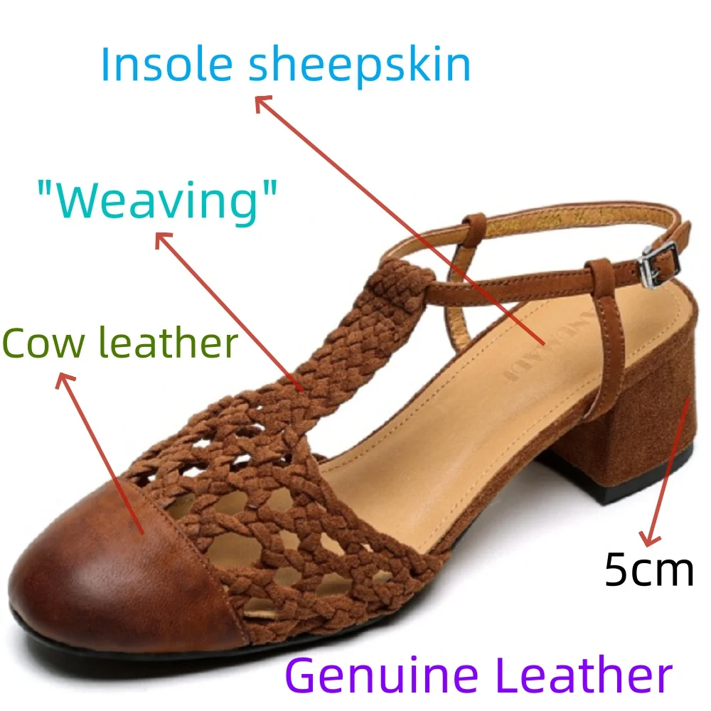 【JOCHEBED HU】new summer women sandals Handmade Genuine leather Breathable washed round toe ankle buckle women shoes 33-40