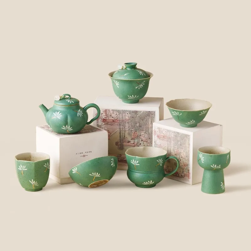 Gift Box Set Chinese‑Style Ceramic Kung Fu Tea Set Home Brewing Teapot Personal Single Tasting Teacup for Tea Room Entertainment