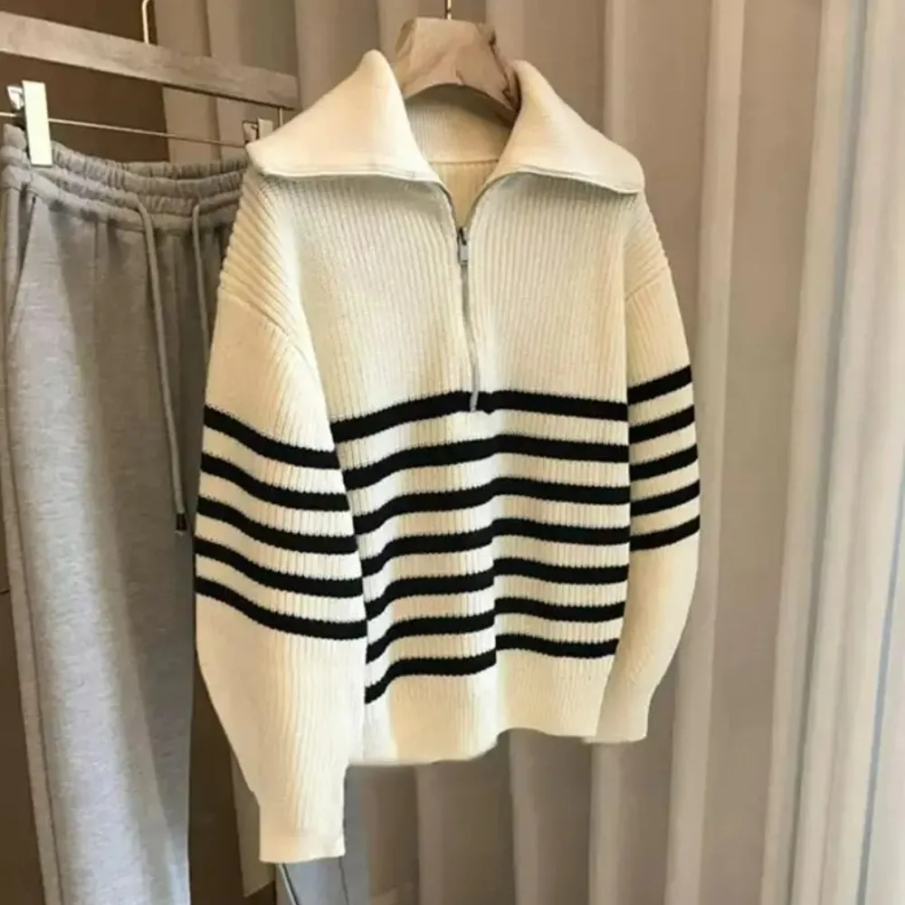 Women\'s Turtleneck Loose Lapel Striped Knitwear Women Pulovers New Simplicity Half Zipper Casual Fashion Women Sweaters 2024