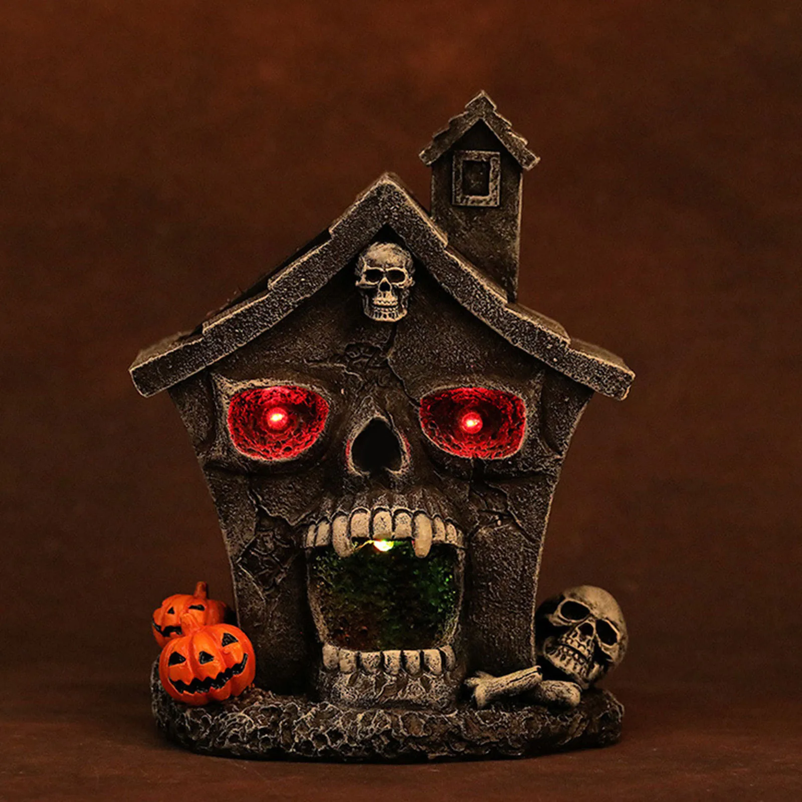 Halloween Head Haunted House Village Figurine Decoration Resin Mansion Lighted Decor For Home Kitchen Fireplace Desk Ornaments