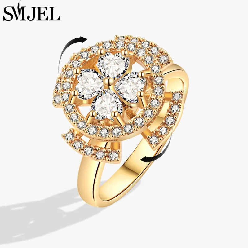 SMJEL Luxuriöse Kristall-Angstlöse-Drehringe für Frauen, niedlicher Sakura-Gänseblümchen-Rosen-Blumen-Drehring, Anti-Stress-Geschenk