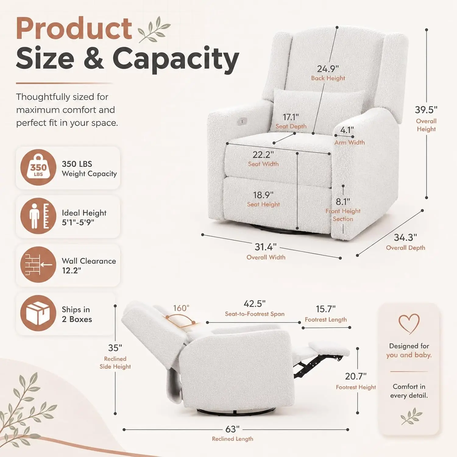Big Comfort Swivel Rocker Recliner with Lumbar Pillow & USB Port for Nursery Living Room, Customized