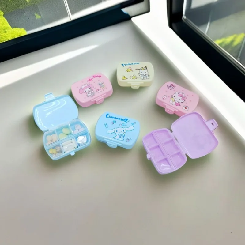 Sanrio Pill Box Embalagem, Olá Kitty, minha melodia, Cinnamoroll, Desenhos Animados, Mini, Portátil, 6 Compartimento