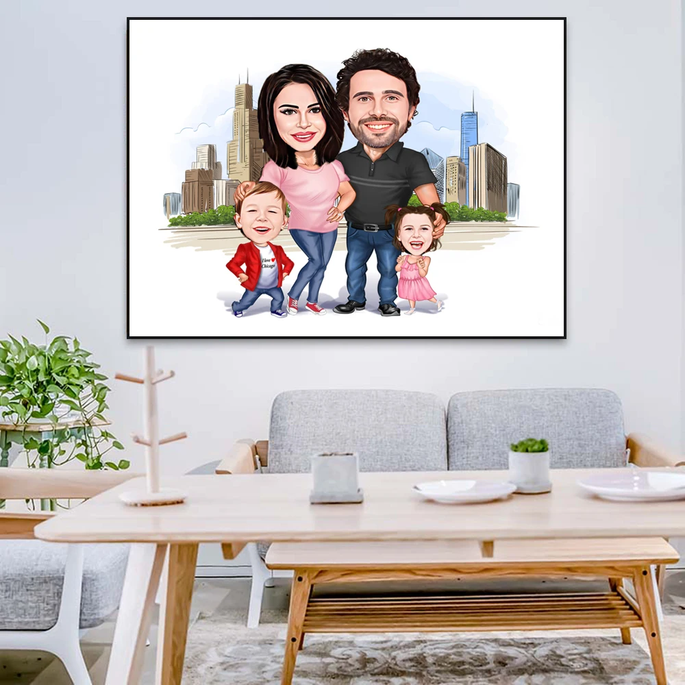 Family Caricature Portrait Poster Custom Cartoon Family Portrait Poster Personalized Comic Prints Birthdays Canvas Painting