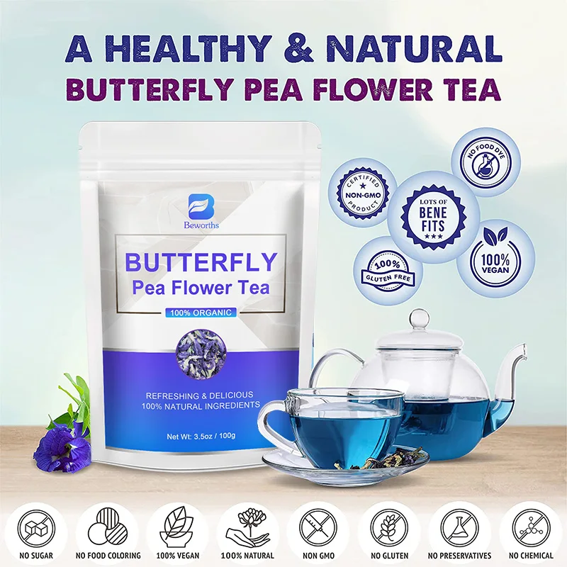 BW 200g Herbal Natural Butterfly Pea Flower For Food, Iced Tea, Cooler, Cocktails, Mocktails Holistic Detox Dried Pea Flowers