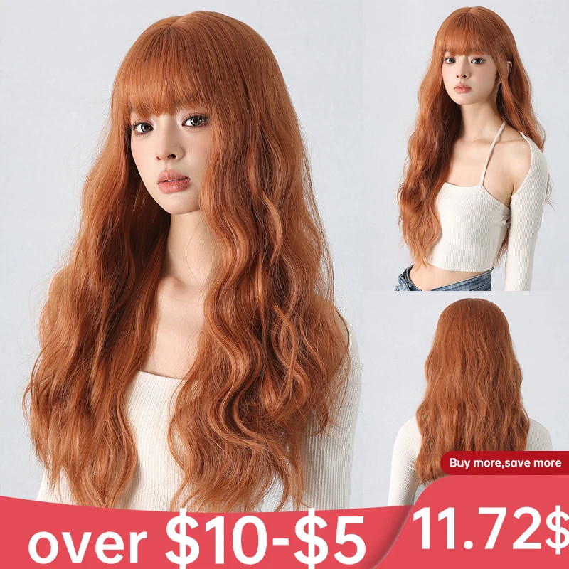 Copper Wigs Ginger Red Brown Long Fluffy Wavy Synthetic Wigs with Bangs Cosplay Hair Wig for Women Daily Natural Heat Resistant