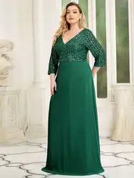 Robe de Rhlongue à col en V pour femmes, grande taille, sexy, ligne A, paillettes, manches 3/4, vert foncé, demoiselle d'honneur, 2025