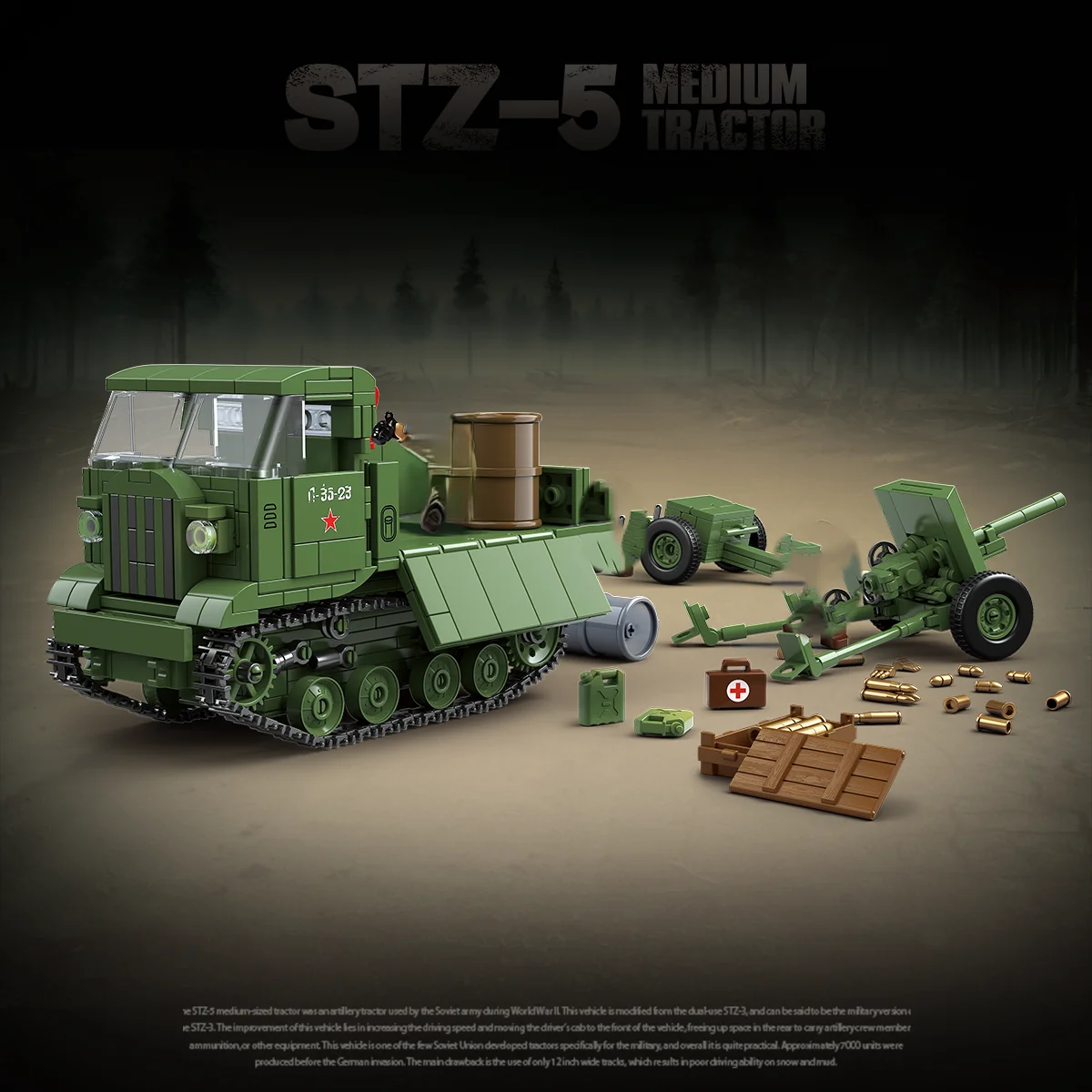

Soviet STZ-5 Medium Artillery Tractor Building Blocks WWII Military Vehicle Model Bricks Set War Diorama Boys Educational Toy Gi