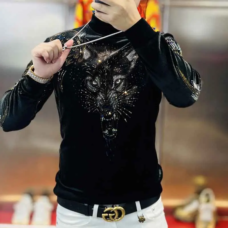 2024 New Men's Gold Velvet Jacquard Stamping Plus Velvet Slim Undershirt European Men's Stretch Slim