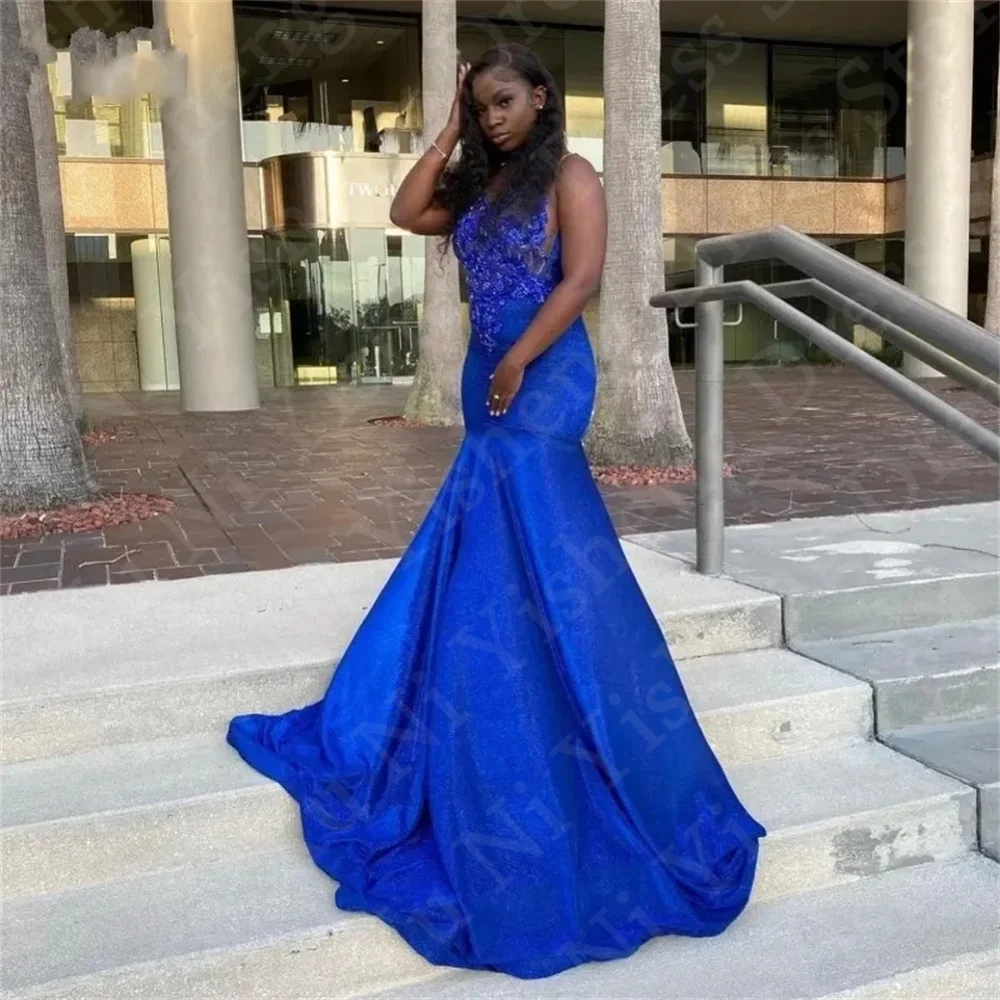 2024 Royal Blue Cocktail Dress Sleeveless Beads Appliques Prom Dress Evening Dress Mermaid Sweep Train New Women Party Dress