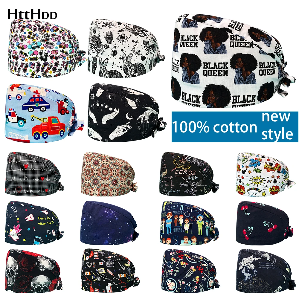 Fashion Print Men and Women Scrubs Hat Dust-Proof Caps Cotton Nurse Cap Bandage Men Women Surgical Hats Gorros Quirurgicos Mujer