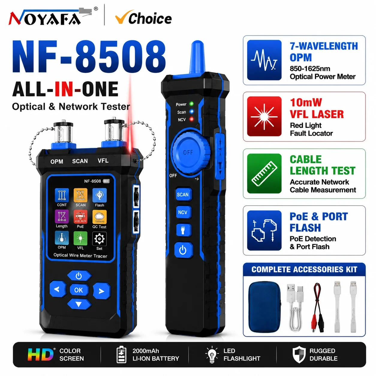NOYAFA NF-8508 All-in-One Network Cable Tester & Fiber Optic Tester, PoE Checker, Built-in Optical Power Meter (OPM) & VFL, TDR