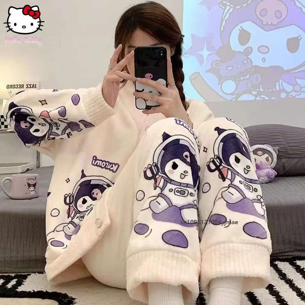 Hellokitty Sanrio 가을 겨울 잠옷 여성 v 넥 카디건 귀여운 캐주얼 홈웨어 만화 플러스 벨벳 두꺼운 플란넬 슈트
