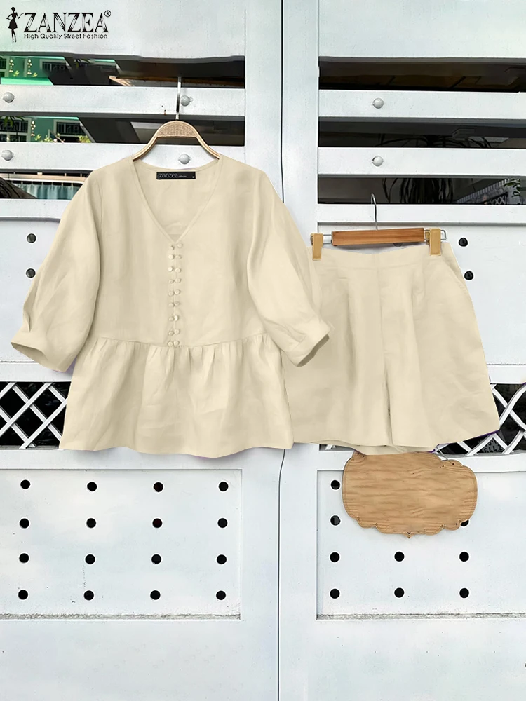 

ZANZEA Summer 2PCS Women Outfits Solid Matching Sets Casual Work Taccksuits Elegant V Neck 3/4 Sleeve Blouse Short Sets Oversize