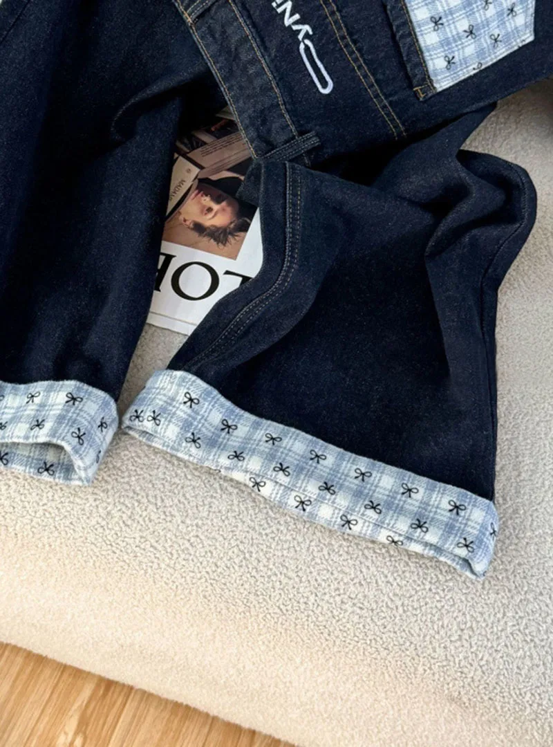2026 New Women High Waist Contrast Color Rolled Hem Jeans Dark Blue Letter Embroidery Lazy Style Straight Wide Leg Denim Trouser
