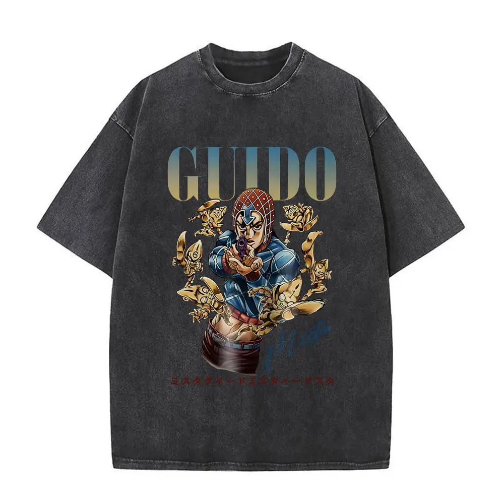 

Washed Vintage Anime JoJo's Bizarre Adventure T-shirts Guido Mista Graphic T-shirt Men Women's Casual Retro Oversized T Shirts
