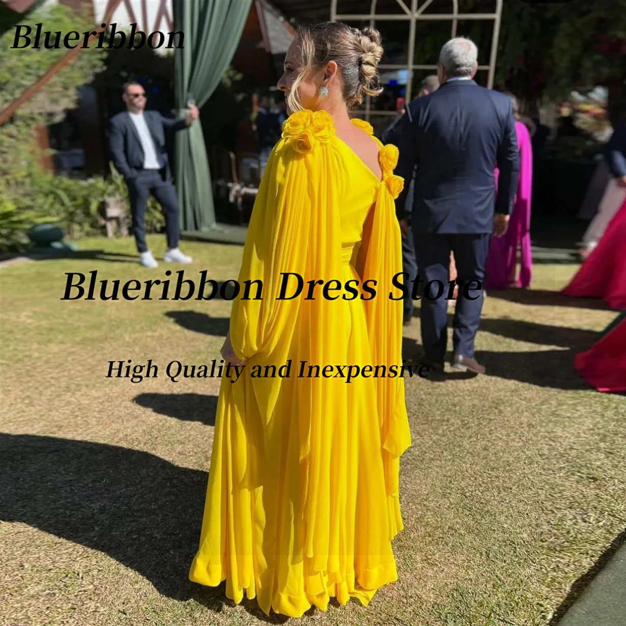 Blueribbon Customized Flowers Off Shoulder Prom Dresses Long Ruched Chiffon Yellow Evening Gowns Women Wear Wedding Party