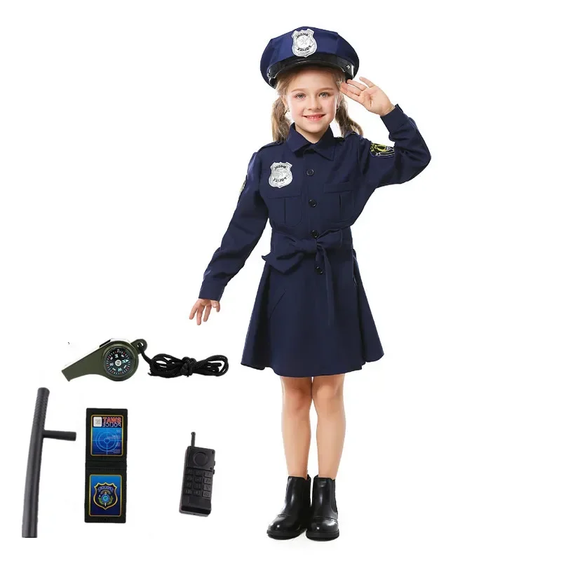 Police Costume Halloween Girls Dress Up America Cop Costume for Kids with Handcuffs Baton Walkie-talkie Accessories Gift