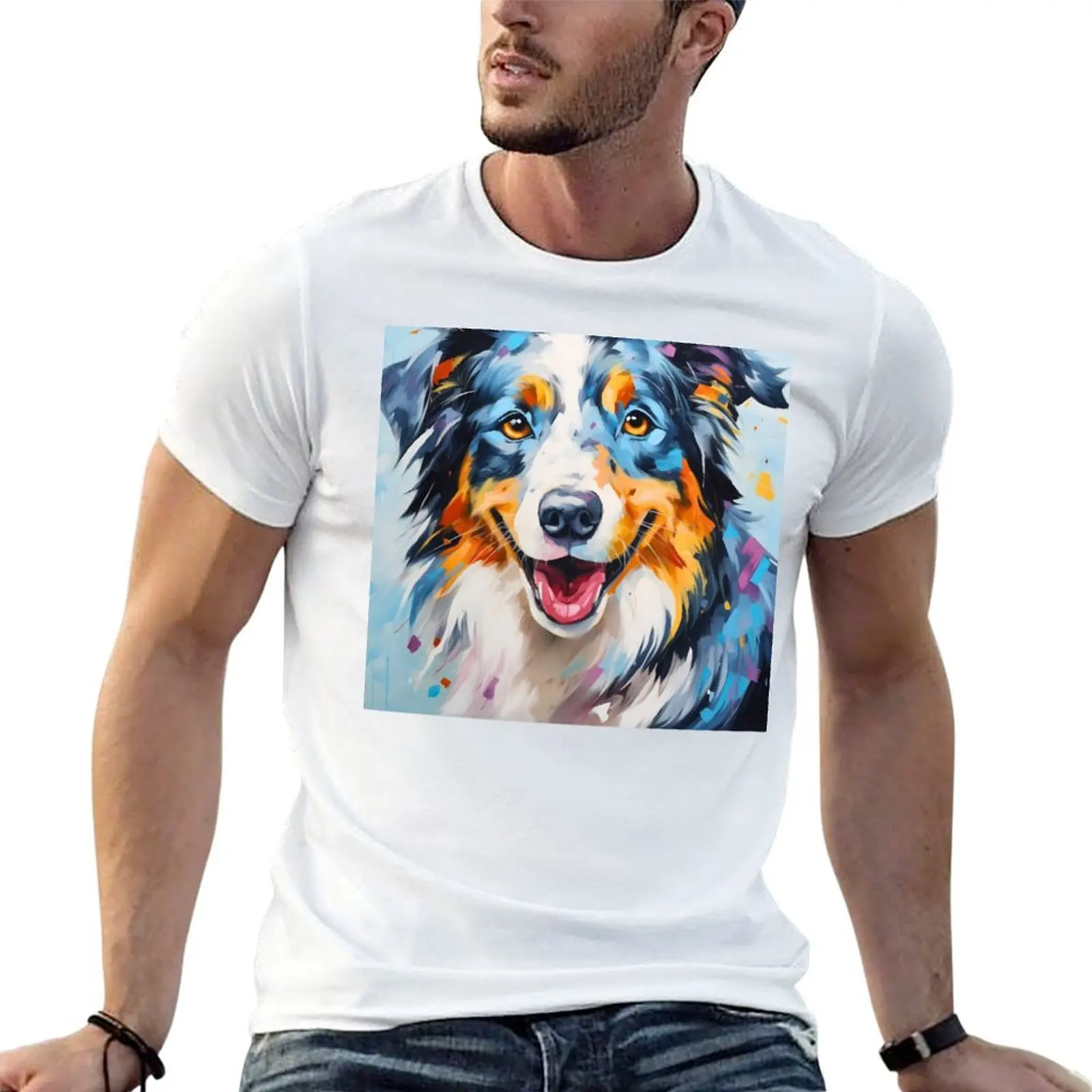 Cute australian shepherd dog breed painting, aussie shepard T-Shirt man t shirts for men t shirts for man cotton T-Shirt