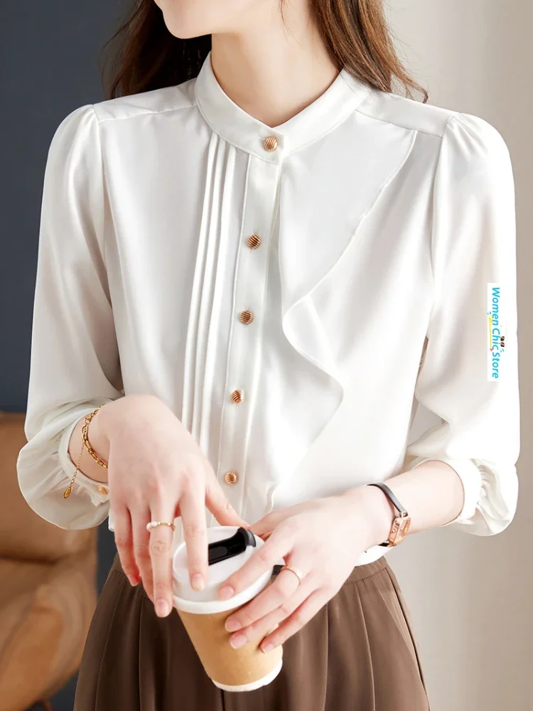 

Women Tops Elegant Ruffles Spliced Long Sleeve Dress Shirt Spring Autumn Office Lady Chic Slim Casual White Blouse Camisas B2391