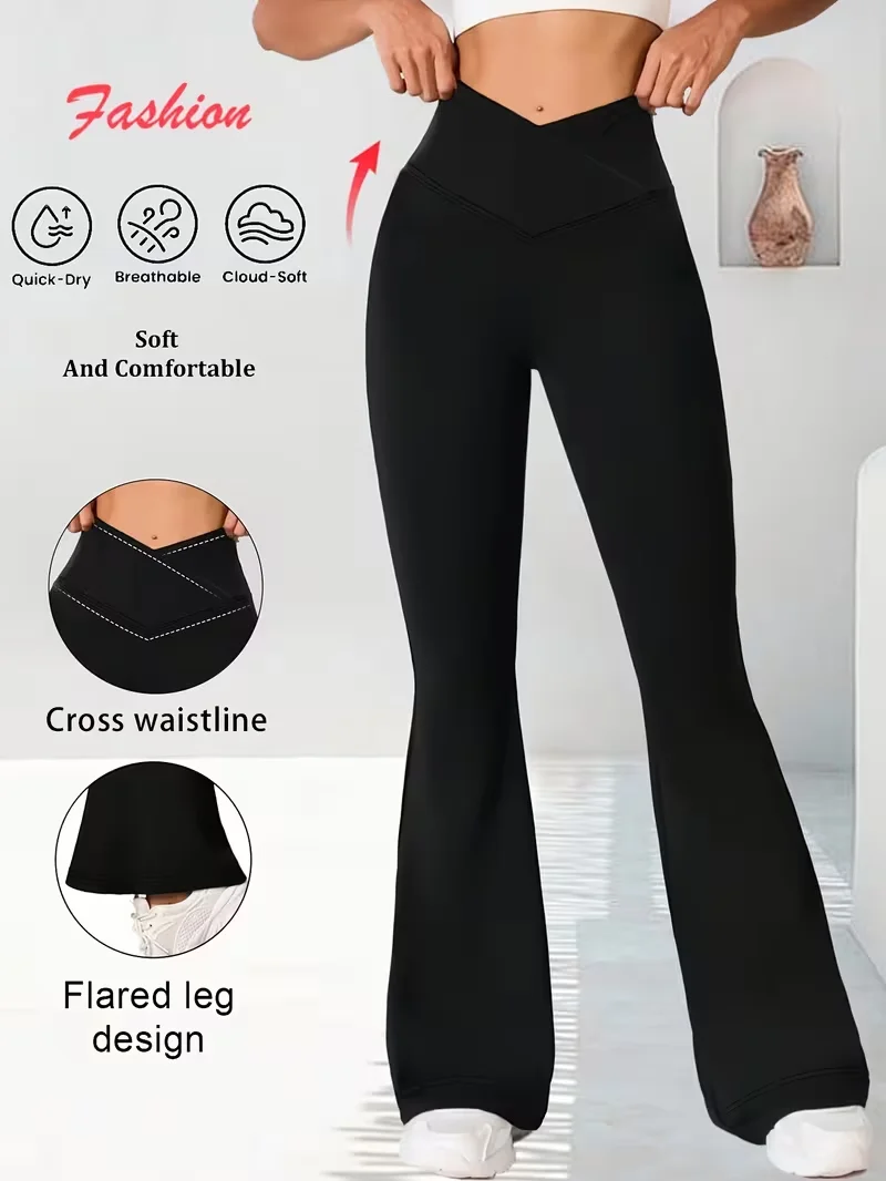 

Эластичные спортивные брюки-клеш для женщин, широкие брюки-джоггеры с высокой талией, мягкие леггинсы для фитнеса, утягивающие брюки с перекрестной талией