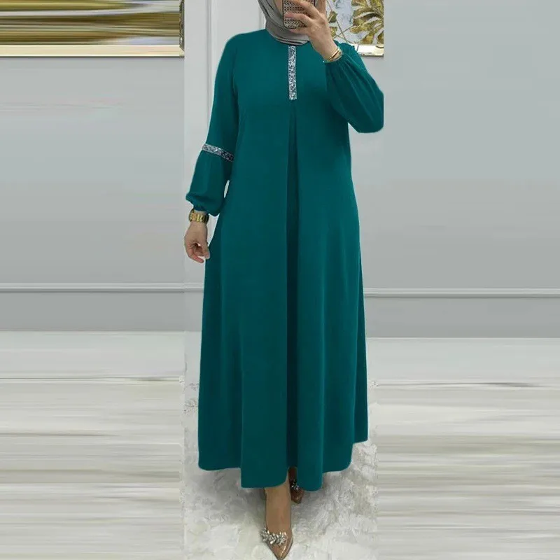Elegante robe muçulmano cor sólida manga comprida vestido de lantejoulas elegante manga bolha vestidos longos dubai
