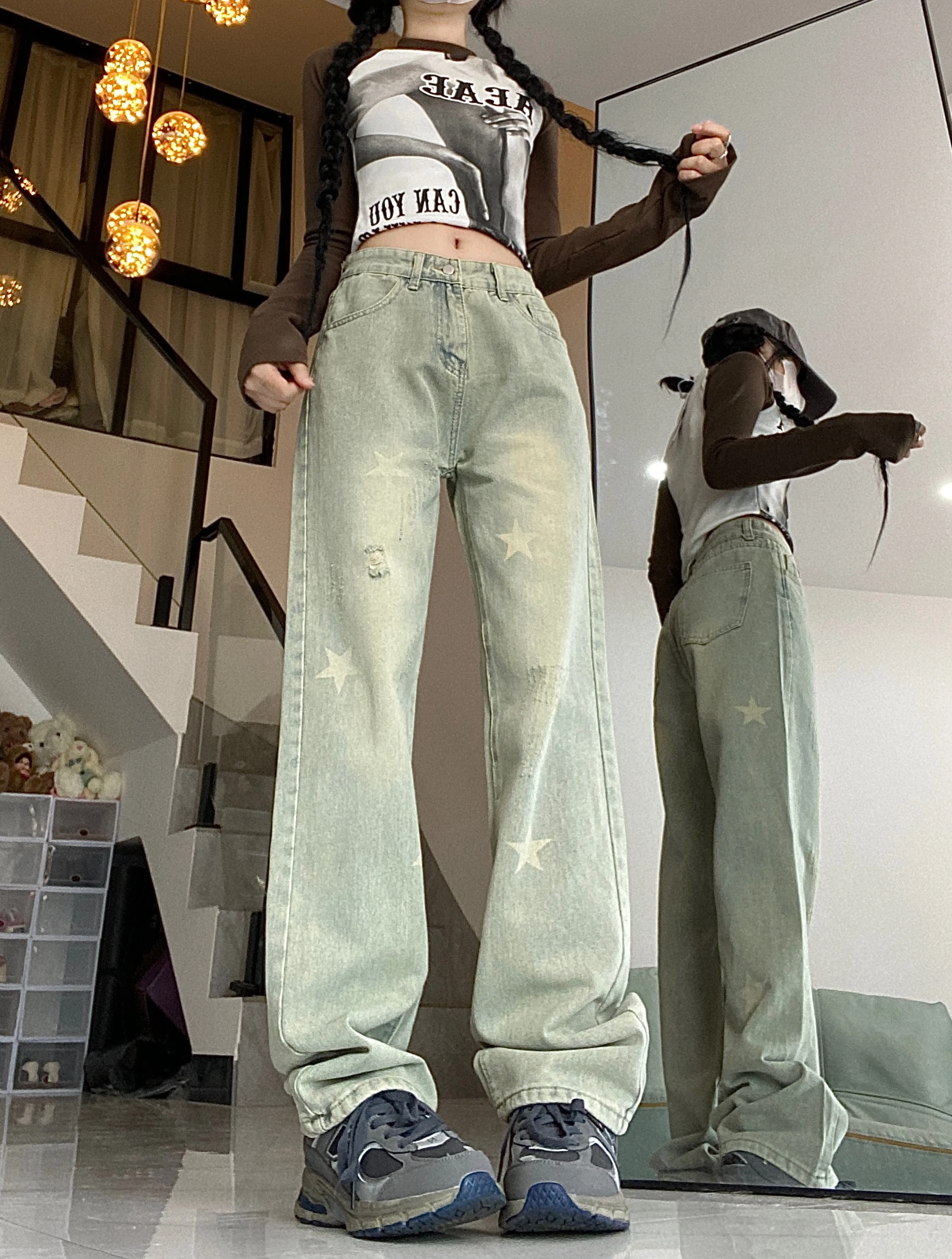 WCFCX STUDIO Vintage 90S Baggy Straight Denim Trousers Female Y2K High Waist Loose Wide Leg Jeans Women Streetwear