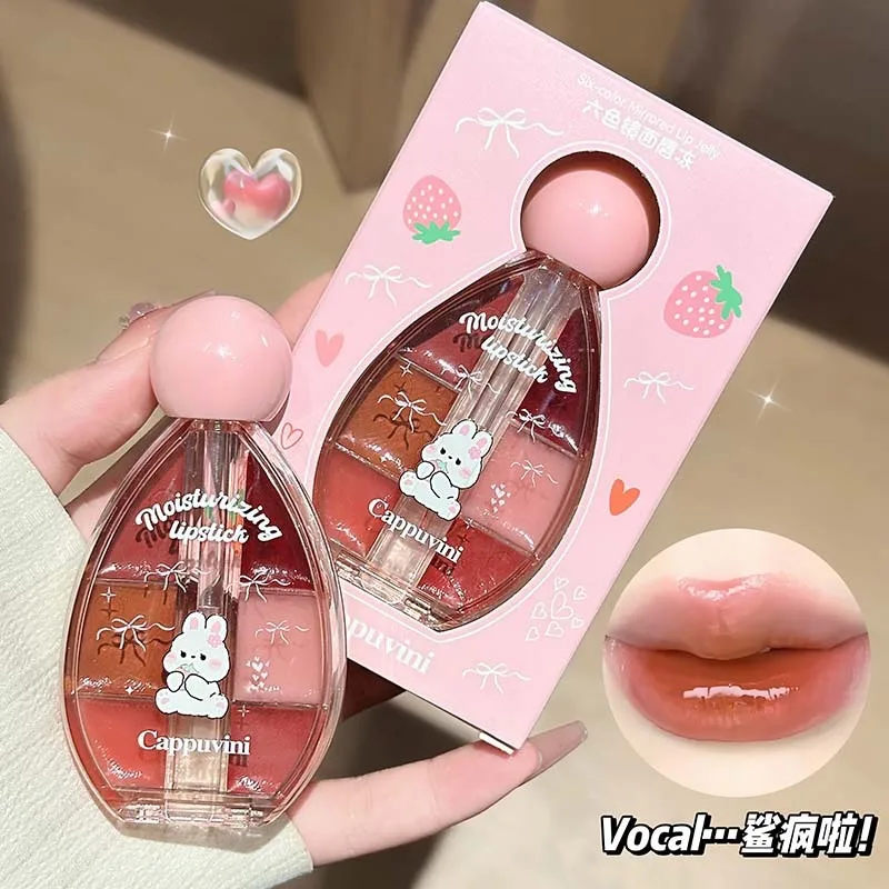 Sechs Farben Wasser Licht Lip Spiegel Gelee Lippenstift Palette für Frauen Glanz Feuchtigkeitsspendende Feste Lip Gloss Schönheit Lippenstift Make-Up