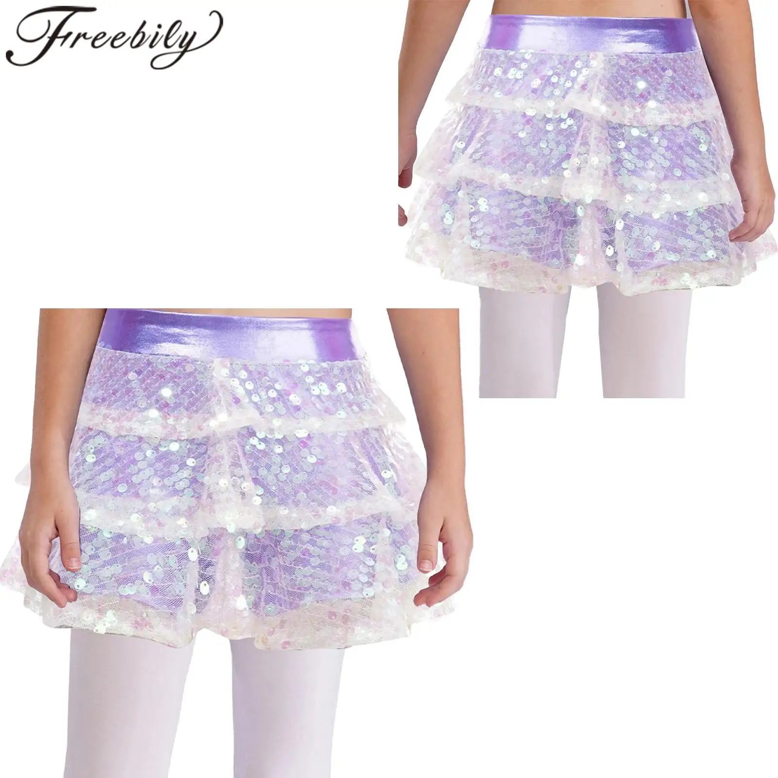 

Kids Girls Dance Skirt Shiny Sequins Tiered Ruffled Skirted Shorts Jazz Dancewear Stage Performance Costume Metallic Culottes