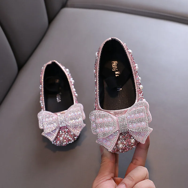 Girls\' Leather Shoes Autumn Kids Rhinestone Bow Princess Shoes Fashion Soft Sole Dance Shoes Children\'s Baby Single Shoes J315