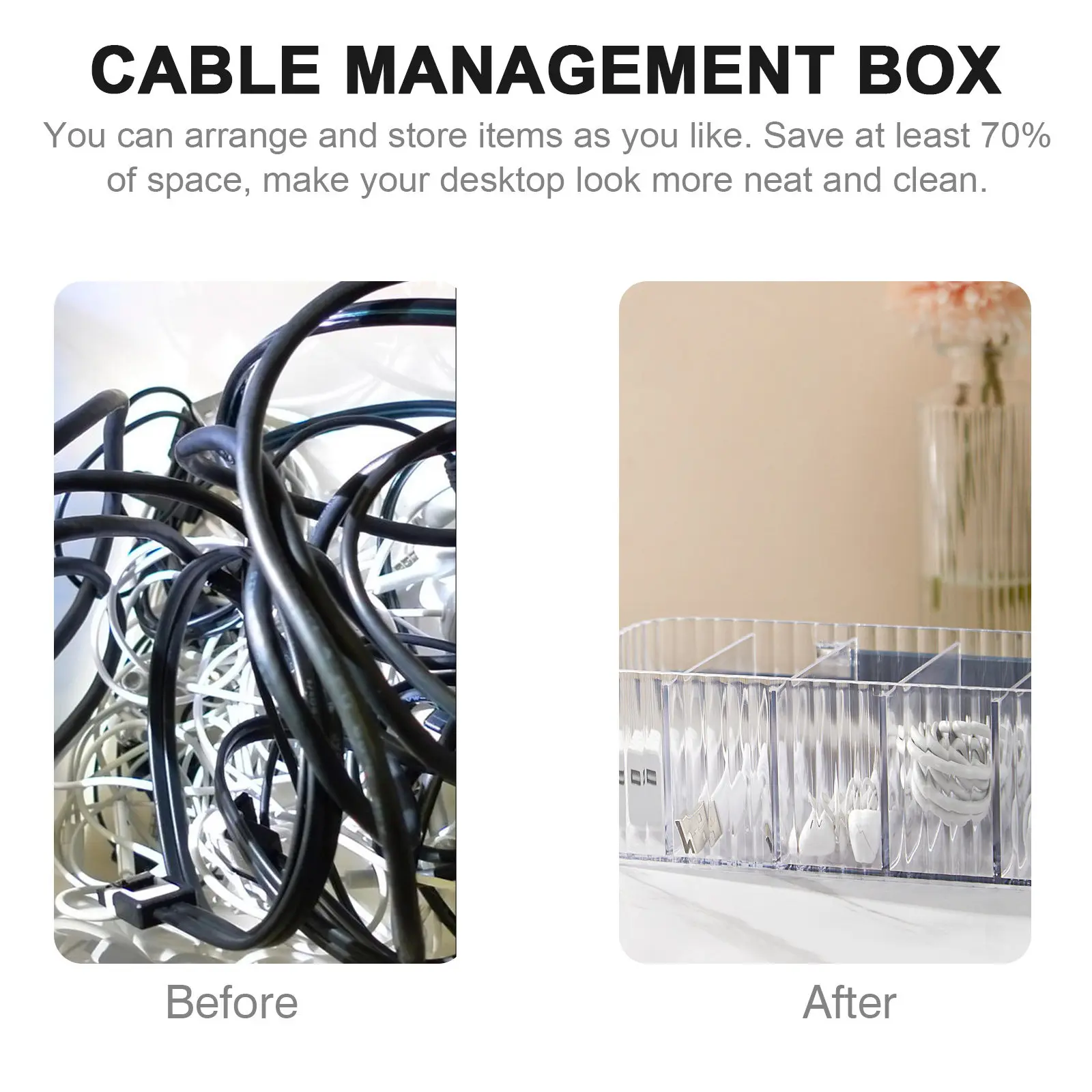 Transparent Multi-Grid Cable Management Box Dustproof Waterproof Strong Cable Organizer for USB Power Cords Data Wires Desktop