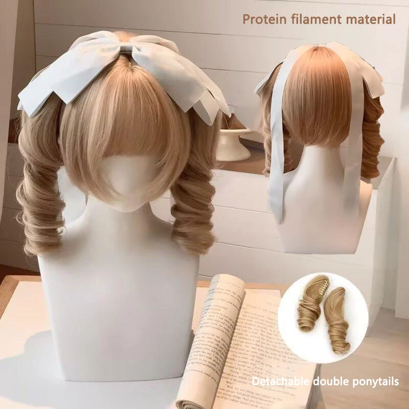 تجعيدات رومانية، شعر صناعي، ذيل حصان قابل للفصل بشكل طبيعي، مناسب للحفلات اليومية النسائية، لعب الأدوار الأنيمي، شعر مستعار لوليتا