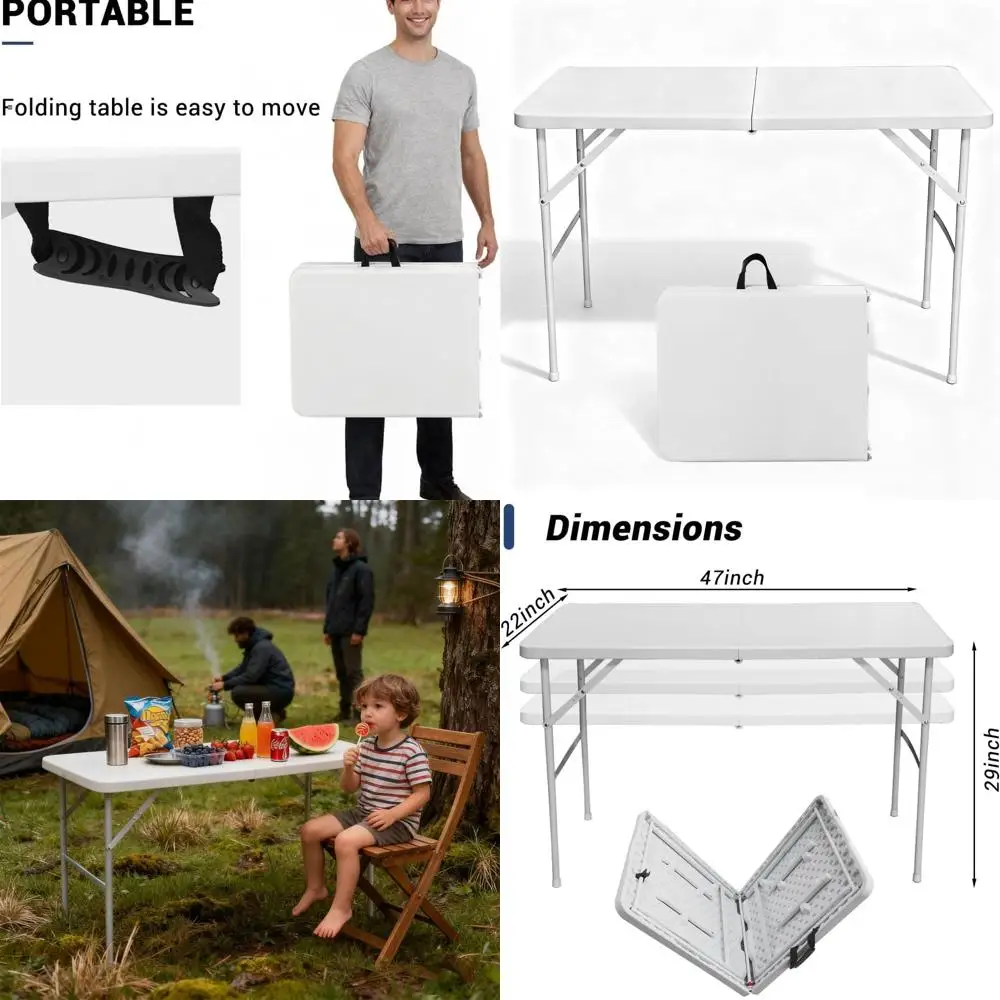 

Portable White Rectangular Plastic Folding Table for Indoor and Outdoor Use, Ideal for Camping, Picnics, and Parties