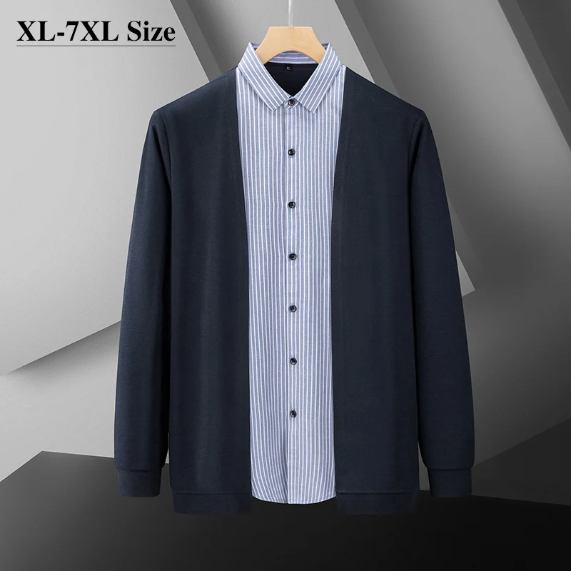 Plus Size 6XL 7XL Autumn Men's Striped Fake Two Piece Cardigan Knitted Sweater Stretch Knit Business Casual Coat Black Navy Blue