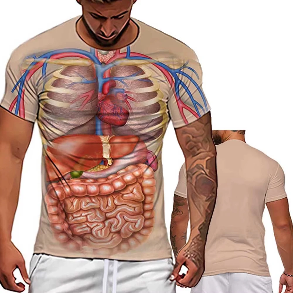 3D Printing Diagram - 男性の骨格内臓 3D 印刷 Tシャツ男性人間の構造図夏半袖 Tシャツ面白いトップス Tシャツ服