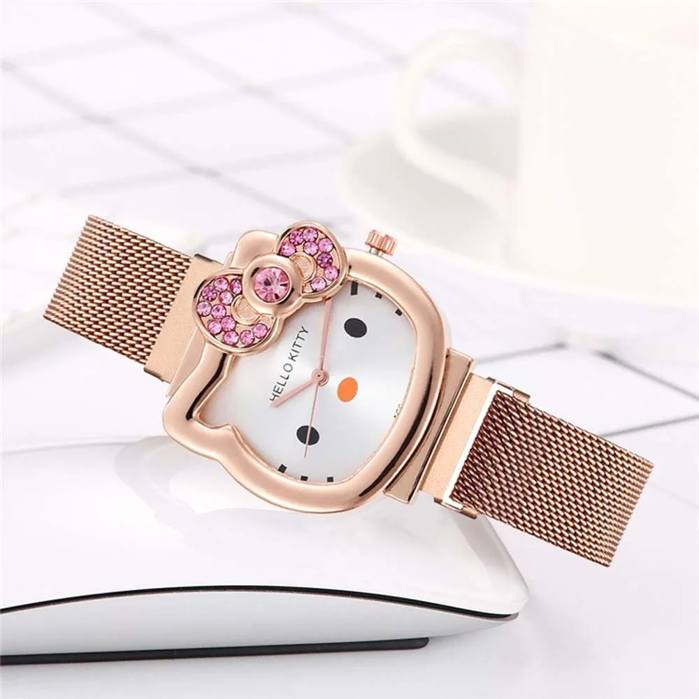 Sanrio-Reloj de banda de acero para mujer, reloj de Hello Kitty Cat de dibujos animados Simple, reloj de gatito de ocio para mujer, reloj de cuarzo