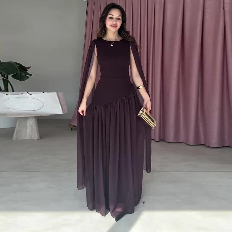 VGH Elegante gele cape-mouw galajurk voor dames, met opstaande kraag, slanke bodycon pasvorm, zwierige geruite mesh, voor een luxueus diner