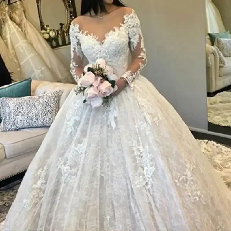 

Customized Modern Illusion Long Sleeves Vestido De Noiva Puffy Ball Gown Lace Appliques Wedding Dresses 2025
