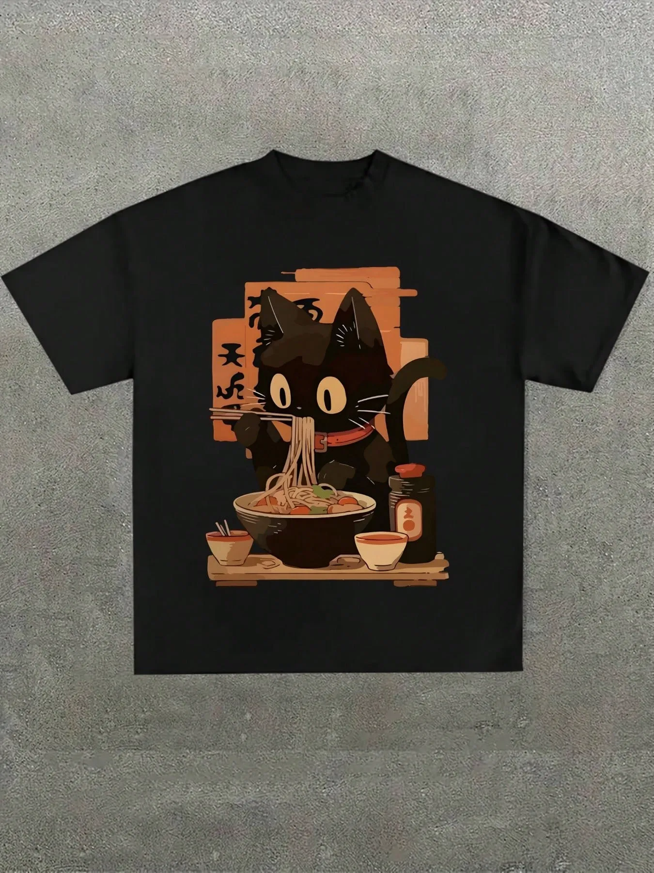 

Cat Ramen Noodle Japanese Cat Eating Vintage Men's T-shirts Cotton Casual Printed T-Shirt O Neck Short Sleeve Unisex Couple Tees