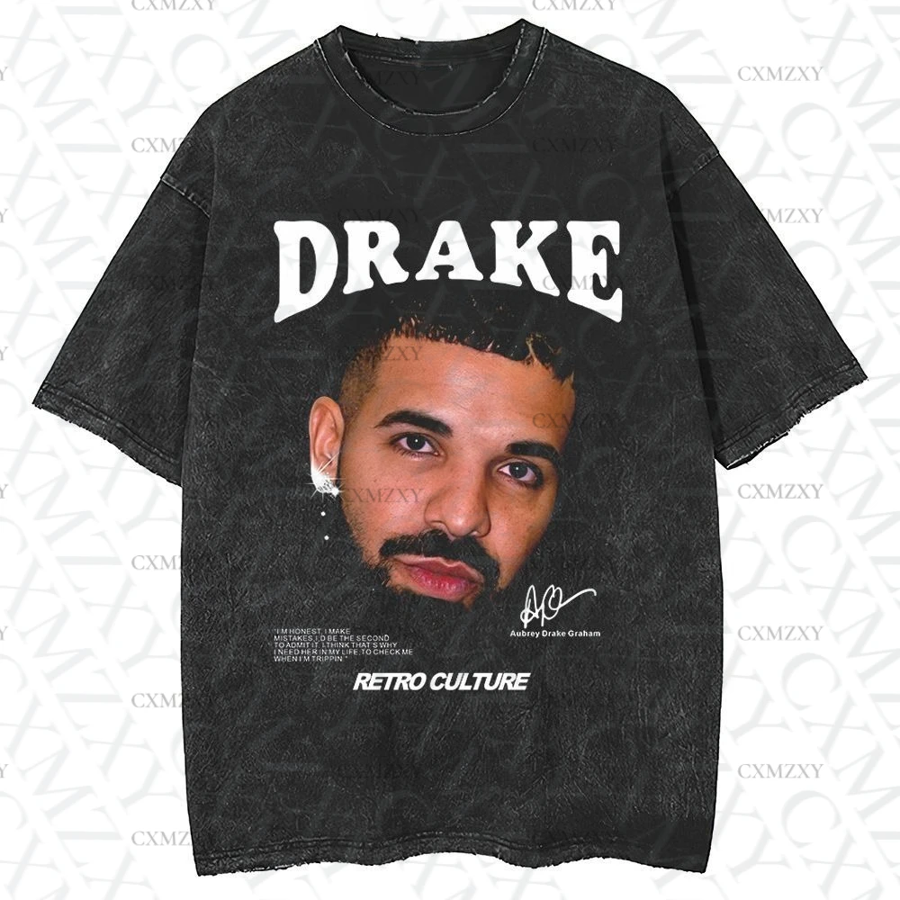 

European and American loose retro Drake singer portrait printing old washing water men and women hip hop