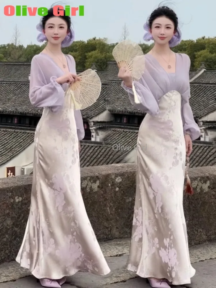 Vestido de verano Olive Girl, vestido de estilo chino de satén Jacquard para mujer, vestido largo elegante de diosa falsa con dos estampados, primavera 2025