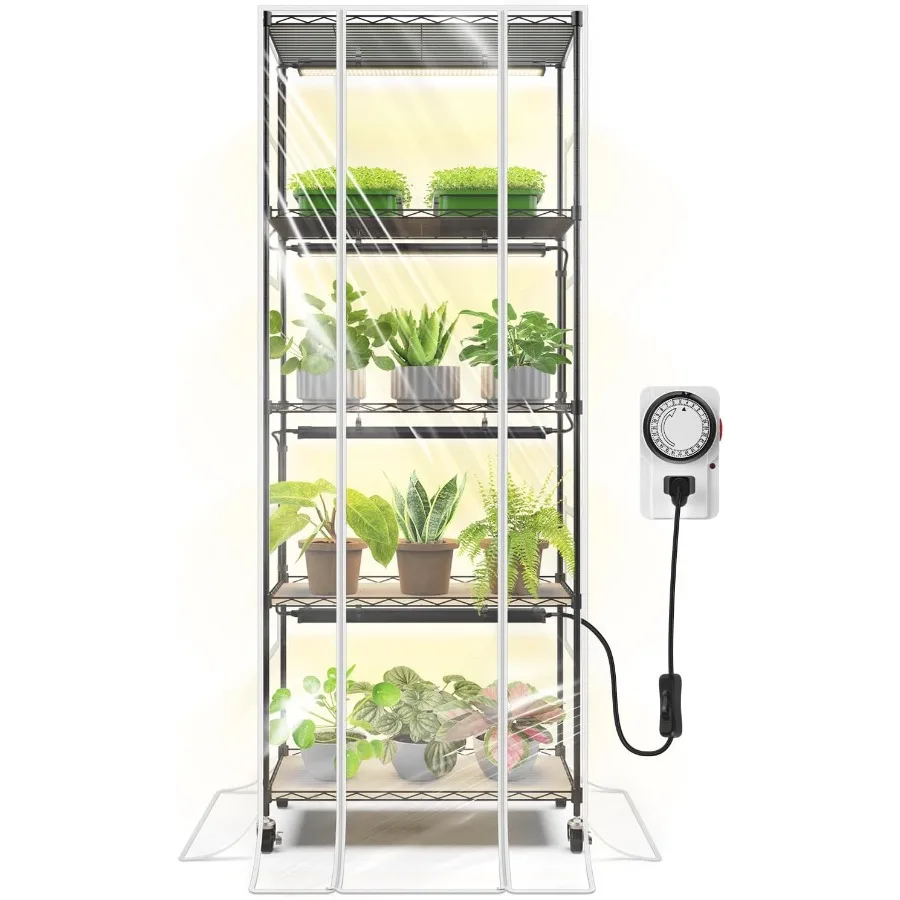 

CX91Z Комнатная теплица с освещением для выращивания растений, 5-уровневая подставка для растений с крышкой и 1,6 фута, 25 Вт на освещение, полный спектр растений для дома