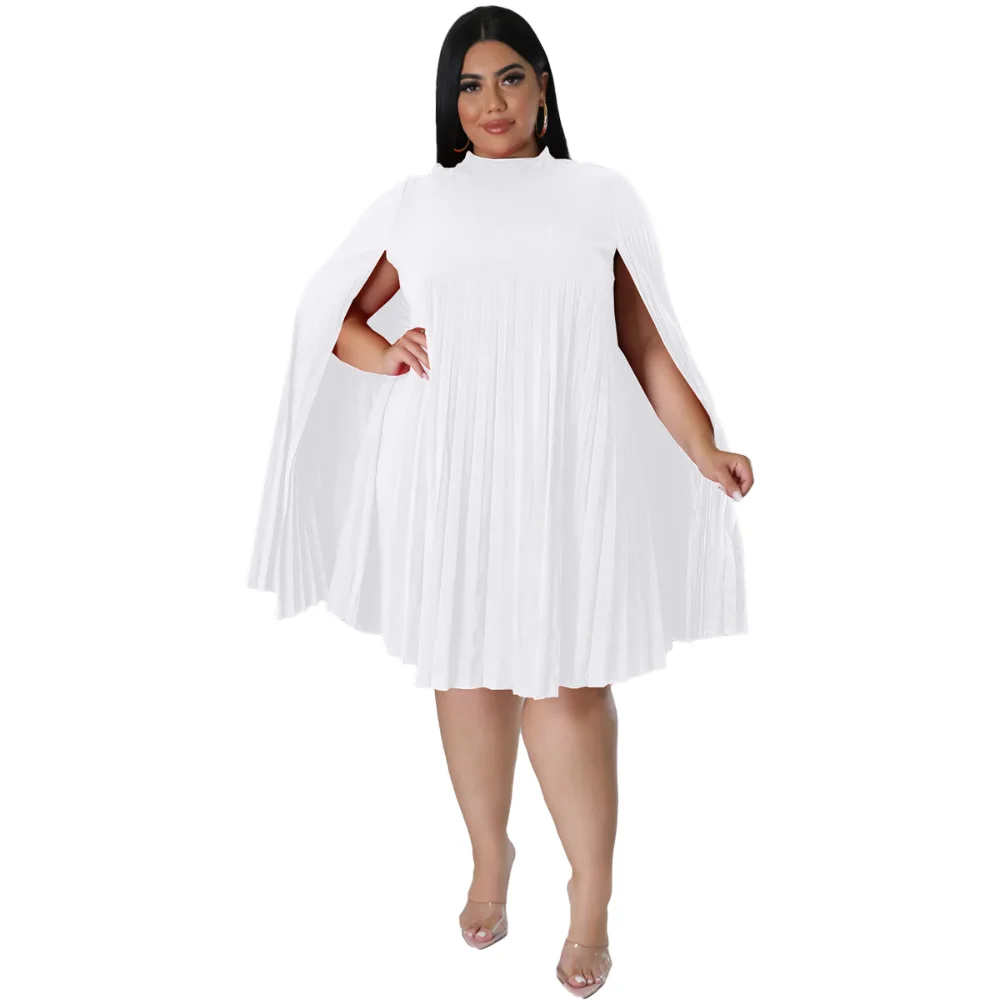 Plus Size Dresses XL-5XL Office Lady Solid Pleated Loose Mini Dress Long Smock Sleeve Party Vestidos Chiffon Club Robes Autumn