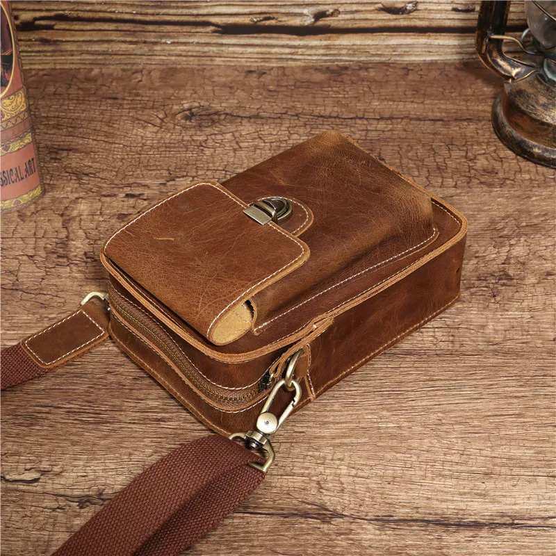 3614 Men's Retro Crazy Horse Leather Waist Bag, Casual Genuine Leather Head Layer, Cowhide Crossbody, Outward Travel