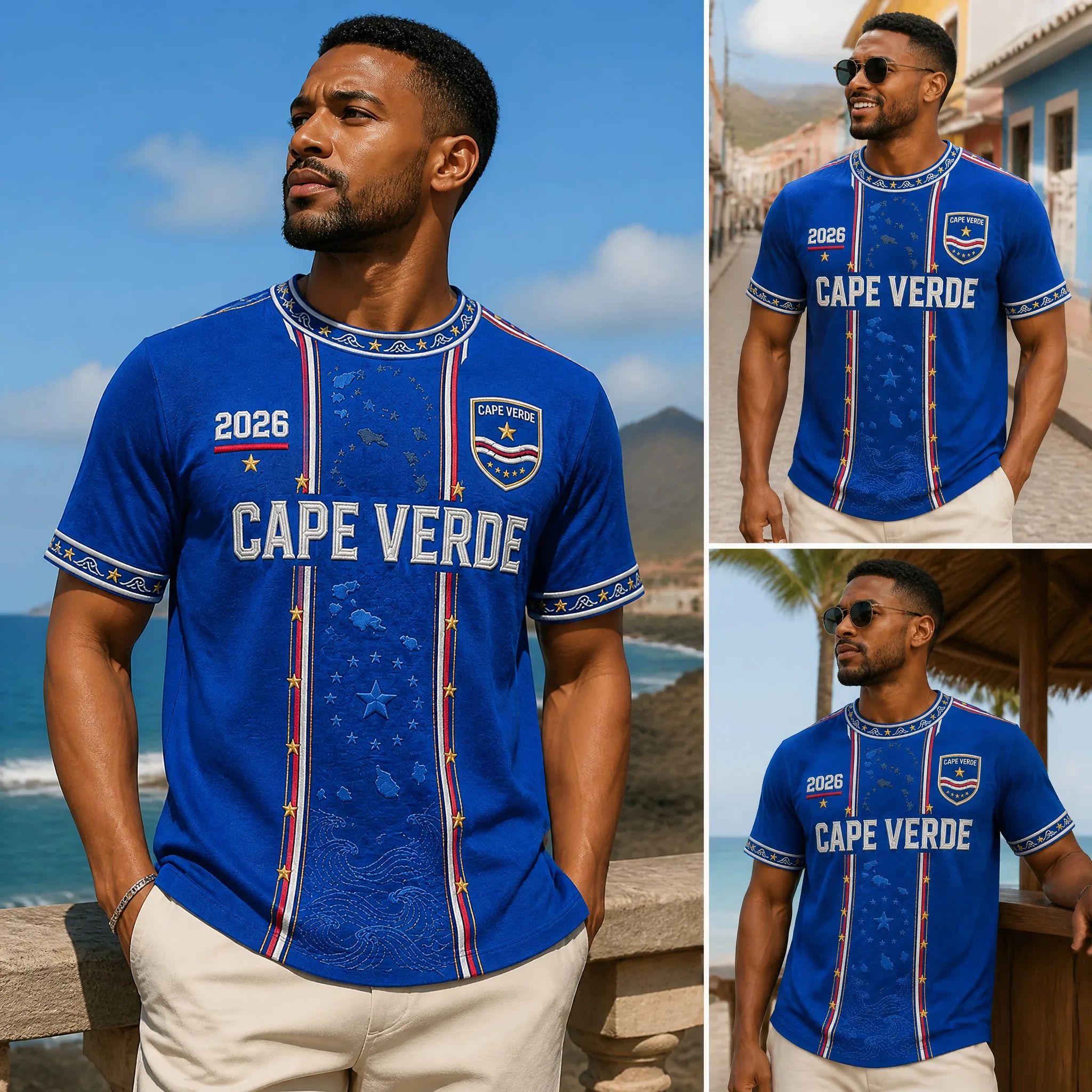 Mens Cape Verde Crew Neck T Shirt Blue Panel Print Short Sleeve Casual Top Island Badge Style Summer Graphic Tee New Fashion Fit