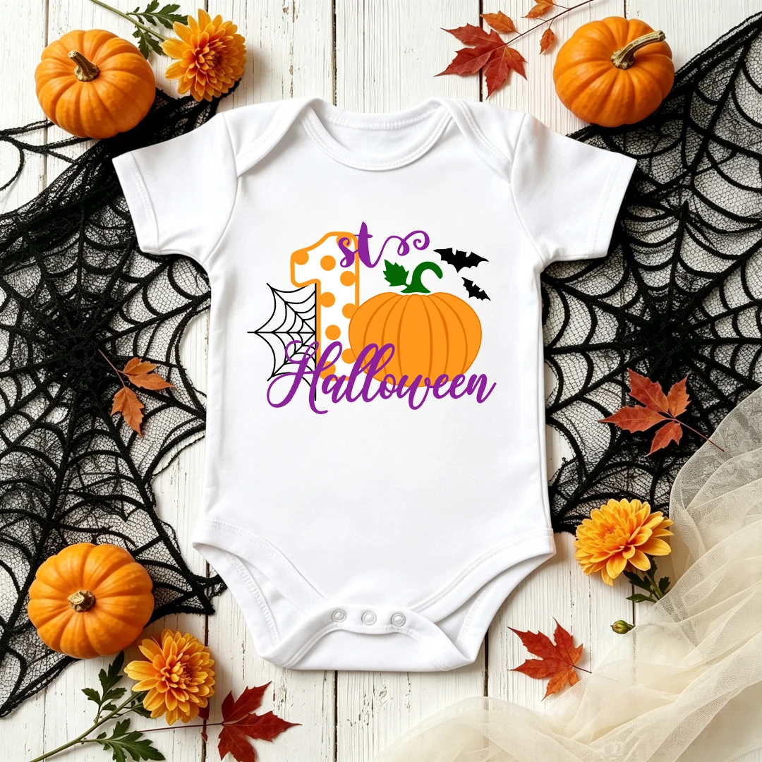 Cute Spider Web Bat Pumpkin Print Baby Onesie My First Halloween Bodysuit Soft Cotton Infant Jumpsuit Toddler Halloween Outfit
