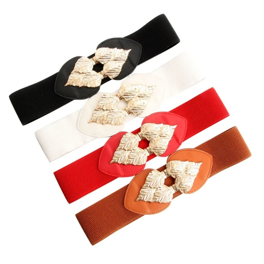 Casual Retro Stretch Belt Wide Breathable Elastic Waistband Leaf Buckle Design Corset Waistband