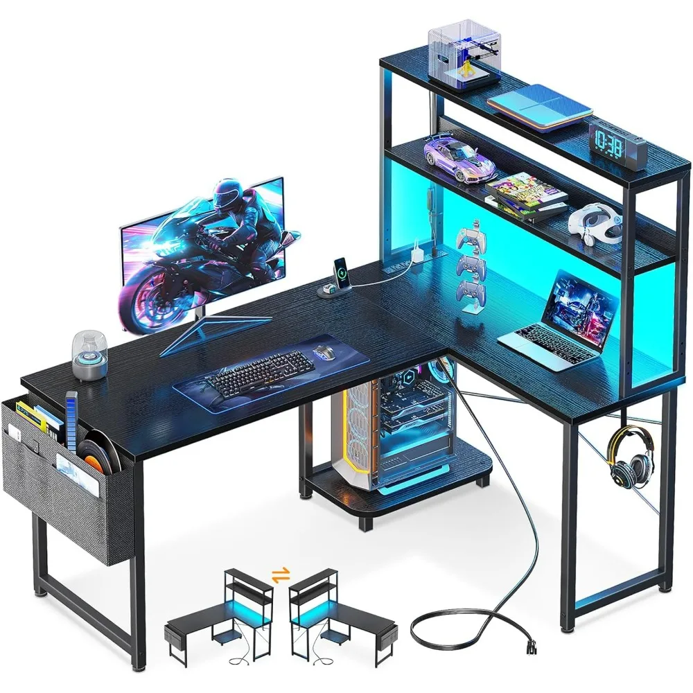 

Casaottima 43 Inch Reversible L Shaped Gaming Desk, Power Outlets & LED Lights, Shelves & Storage Bag Corner Computer Table