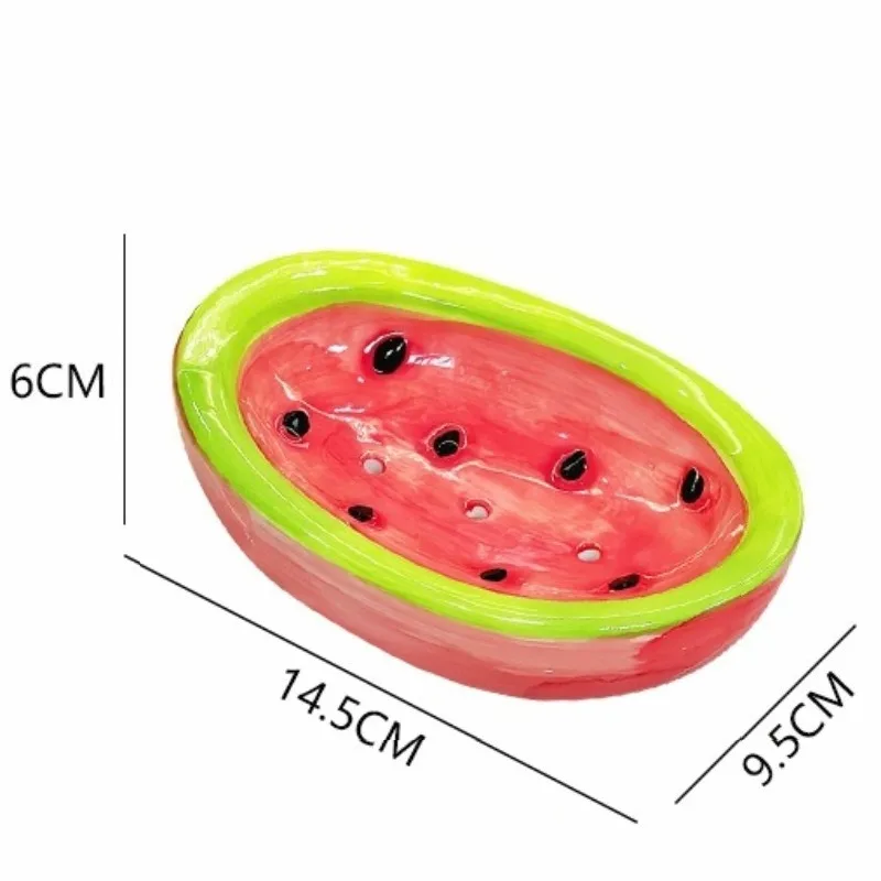 Creative Watermelon Ceramic Soap Dish with Drainage Holes Cute Bathroom Vanity Soap Holder Sink Storage Organizer